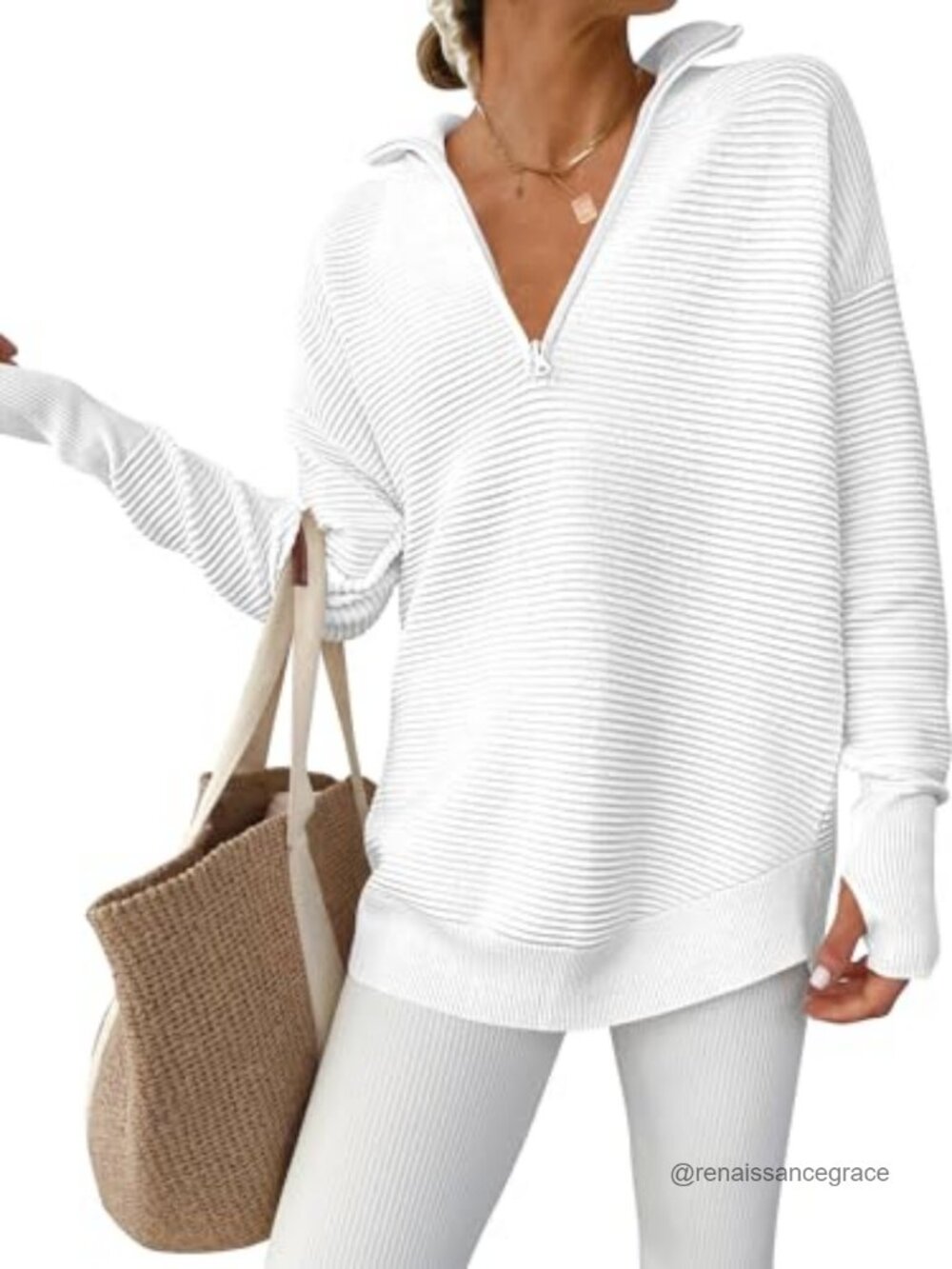 ANRABESS Women's Long Sleeve V Neck Quarter Zip Rib Knit Sweater Pullover